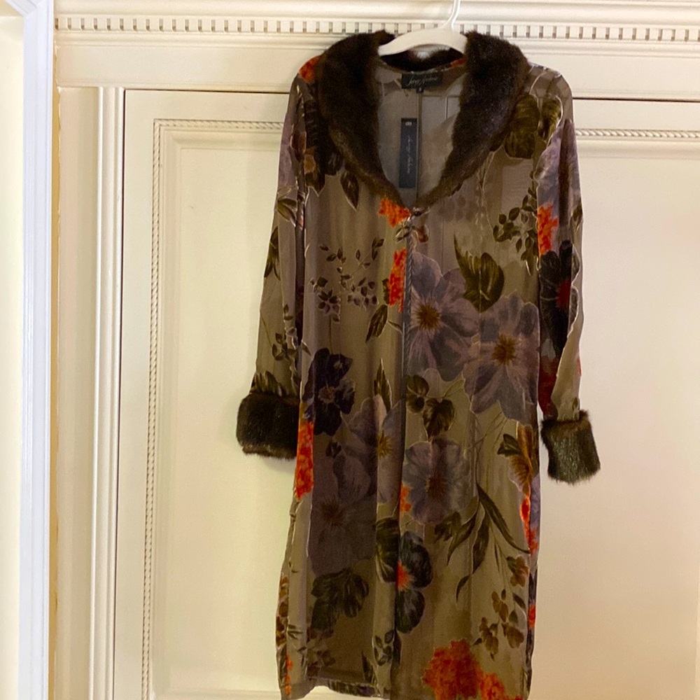 Shear floral jacket with faux fur trim color and cuffs